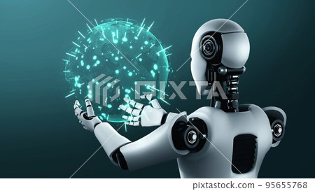 AI hominoid robot holding hologram screen shows concept of global communication 95655768