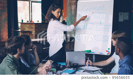 Young woman is making presentation for her colleagues multiracial group, she is standing near whiteboard, talking and pointing at text on board. Business, people and education concept. 95656035