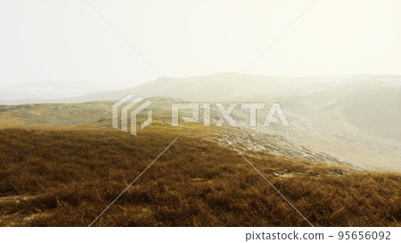 Stones covered with grass and moss under bright sky of Nepal 95656092