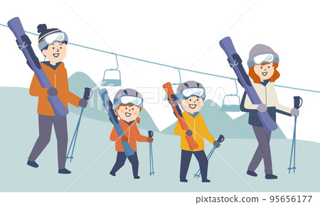 Illustration of a family visiting the ski resort Illustration of a family visiting the ski resort 95656177