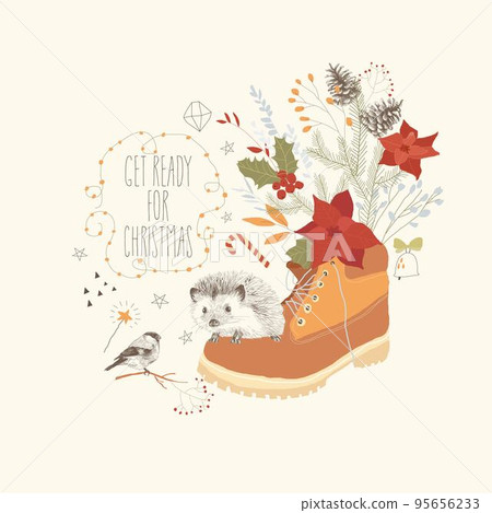 Funny Hedgehog sitting on Big Boot with Winter Bouquet 95656233