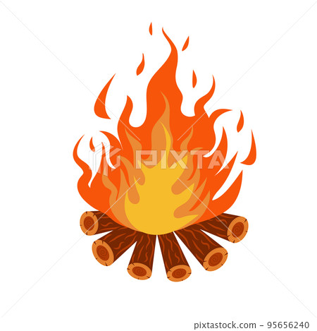 Burning bonfire with wood. Wood material branches, planks, logs. Burning bonfire with wood. Wood material branches, planks, logs. 95656240