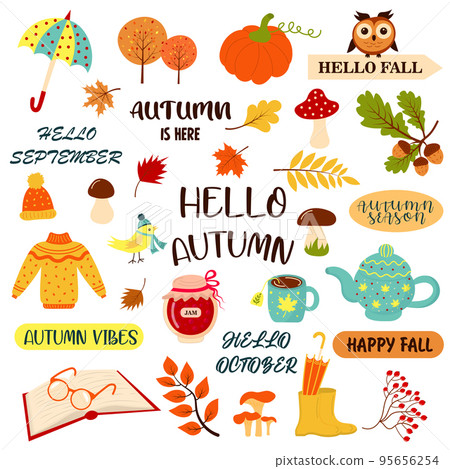 Hello autumn set with autumn phrases and cozy fall season elements. Concept for season change. Perfect for scrapbook, card, poster, invitation, sticker kit.  95656254