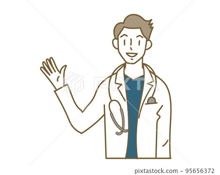 A young male doctor wearing a blue scrub to guide 95656372
