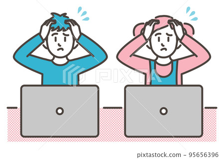 A child (boy, girl) with a troubled or worried expression looking at a laptop [vector illustration material] 95656396