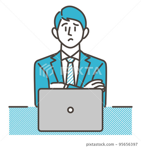 A male business person with a troubled or worried expression looking at a laptop [vector illustration material] 95656397