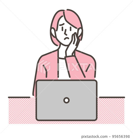 A young woman with a troubled or worried expression looking at a laptop [vector illustration material] 95656398