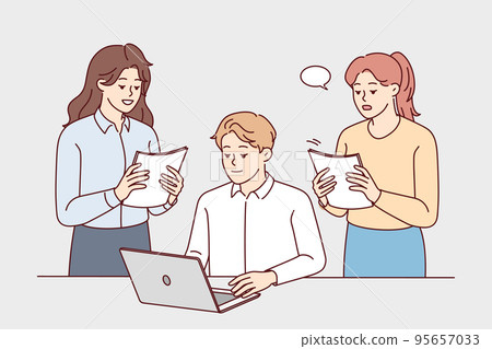 Businesspeople work together on computer in office Businesspeople work together on computer in office 95657033