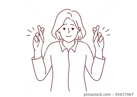 Smiling cross fingers make wish 95657067