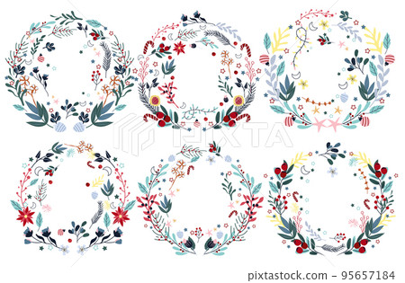 Bright Christmas wreath, colorful flowers, candy, pine branch, pine cone, balls. Concept Christmas and New Year. Perfect for greeting cards, poster, postcard, banner. Vector Bright Christmas wreath, colorful flowers, candy, pine branch, pine cone, balls. Concept Christmas and New Year. Perfect for greeting cards, poster, postcard, banner. Vector 95657184