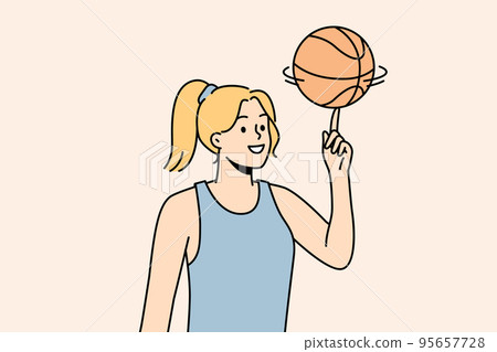 Smiling woman spin ball on finger Smiling woman spin ball on finger 95657728
