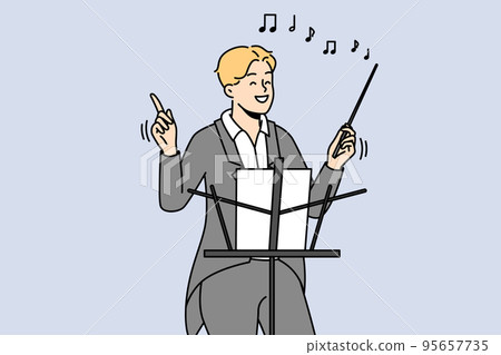 Smiling male conductor with baton on stage  95657735