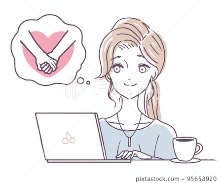 A woman using a matchmaking site on her computer A woman looking for a match on the internet Person illustration material A woman using a matchmaking site on her computer A woman looking for a match on the internet Person illustration material 95658920