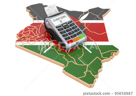 Kenyan map with POS terminal. Cashless payments in Kenya concept. 3D rendering Kenyan map with POS terminal. Cashless payments in Kenya concept. 3D rendering 95658987