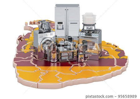 Kitchen and household appliance on the map of Sri Lanka. Production, shopping and delivery concept. 3D rendering Kitchen and household appliance on the map of Sri Lanka. Production, shopping and delivery concept. 3D rendering 95658989
