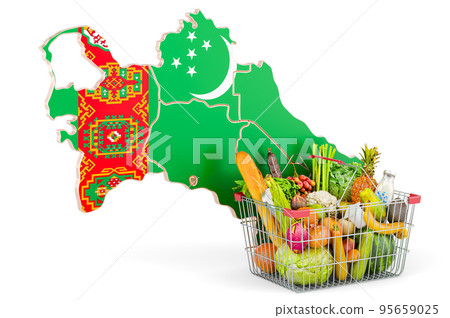 Purchasing power and market basket in Turkmenistan concept. Shopping basket with Turkmen map, 3D rendering Purchasing power and market basket in Turkmenistan concept. Shopping basket with Turkmen map, 3D rendering 95659025