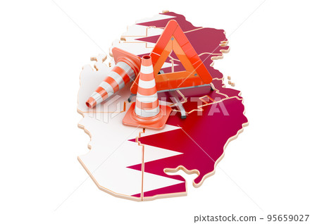 Qatari map with traffic cones and warning triangle, 3D rendering 95659027