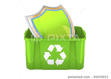 Recycling trashcan with shield, 3D rendering Recycling trashcan with shield, 3D rendering 95659031