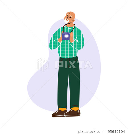 Senior man holding photo camera. Elderly flat vector illustration, isolated on a white background 95659104