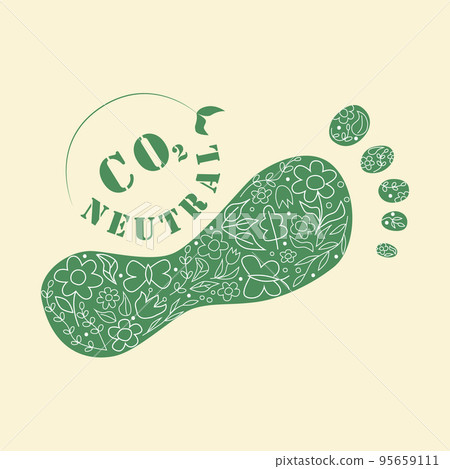 Carbon footprint lable. Eco fiendly flat vector llustration. CO2 neutral green footprint with flowers and leves . Zero or free carbon emissions 95659111