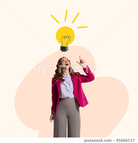 Excited young girl pointing up at light bulb. Idea, innovation, creativity, solution concept. Businesswoman having a good idea for business. Thought process 95660517