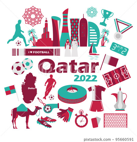 Football championship Qatar Doha 2022, icon set in color national flag. Middle eastern football. 95660591
