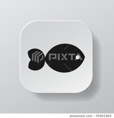 White square button with fish outline icon, blackfish on the plate. Flat symbol sign vector illustration isolated on white background. Healthy nutrition concept White square button with fish outline icon, blackfish on the plate. Flat symbol sign vector illustration isolated on white background. Healthy nutrition concept 95661669