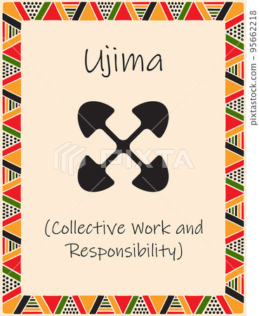 A card with one of the Kwanzaa principles. Symbol Ujiima means Collective work and responsibility in Swahili. Poster with an ethnic African pattern in traditional colors. Vector illustration A card with one of the Kwanzaa principles. Symbol Ujiima means Collective work and responsibility in Swahili. Poster with an ethnic African pattern in traditional colors. Vector illustration 95662218
