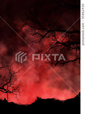 紅色燃燒的夜空、山巒和廢棄的房子風景 紅色燃燒的夜空、山巒和廢棄的房子風景 95662430