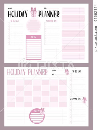 Holiday planner set. Organizer, month calendar, to-do list, shopping list and notes. Vector illustration. Horizontal template for New Years, Christmas, festive design, print, decor, stationery. 95662524