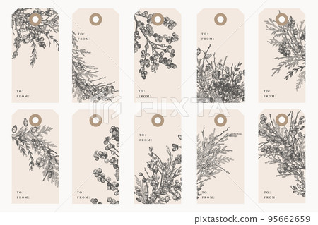 Set of tags. Holly and juniper. Black 95662659