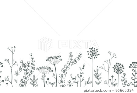 Floral vector seamless border. Background with plants and leaves Floral vector seamless border. Background with plants and leaves 95663354