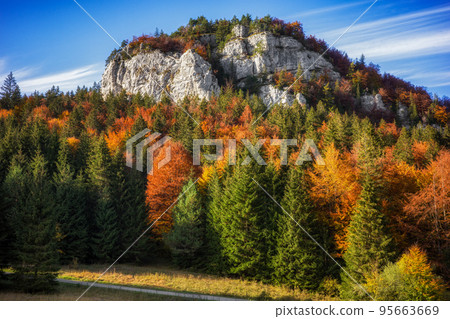 Beautiful autumn mountain landscape with big rock formation 95663669