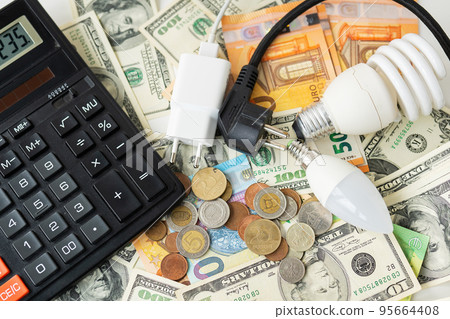 Calculator, euro and dollar banknotes, coins. Tax 95664408