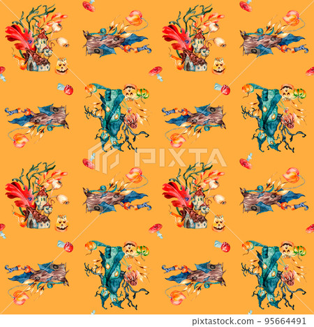 Colorful Halloween haunted houses watercolor seamless pattern isolated on orange 95664491