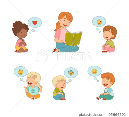 Teacher reading books to kids set. Cute little boys and girls with emojis in speech bubbles over of their heads cartoon vector illustration 95664501