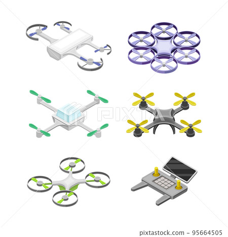 Set of quadcopters and aerial drones. Unmanned electronics aircrafts for surveillance, delivery, military and medical support vector illustration 95664505