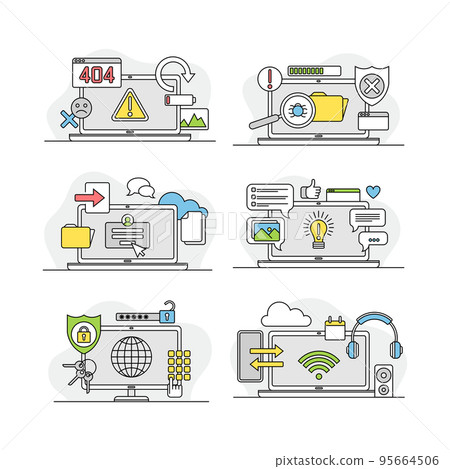 Internet and computer services linear signs set. Data, information security, technical instruments vector illustration 95664506