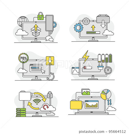 Internet security services linear signs set. Cloud computing technology, technical instruments vector illustration 95664512