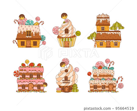 Cute fantasy candy houses set. Festive gingerbread cake cottages cartoon vector illustration Cute fantasy candy houses set. Festive gingerbread cake cottages cartoon vector illustration 95664519