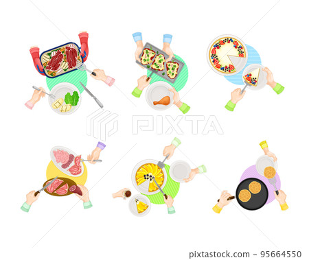 Top view of served breakfast dishes and people hands holding cutleries set cartoon vector illustration Top view of served breakfast dishes and people hands holding cutleries set cartoon vector illustration 95664550