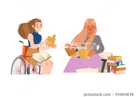Bookcrossing with Happy Woman Character Reading Borrowed Paper Book Vector Set 95664636
