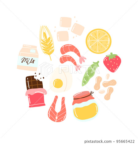 Food Allergens. Allergen Products Collection. Vector illustration. Allergy. Drawn style. Allergen fish, egg, honey, gluten, milk. 95665422