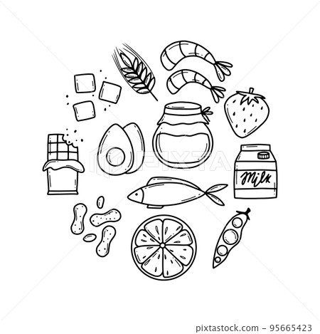 Food Allergens. Allergen Products Collection. Vector illustration. Allergy. Doodle style. Allergen fish, egg, honey, gluten, milk. 95665423