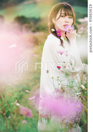 Woman standing in a cosmos field in the evening 95665619