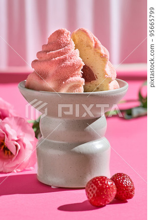 Mini mousse cake berry, pink velor on a pink background. Dessert from modern European pastries. 95665799