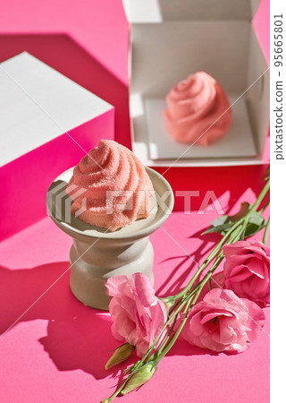 Mini mousse cake berry, pink velor on a pink background. Dessert from modern European pastries. 95665801
