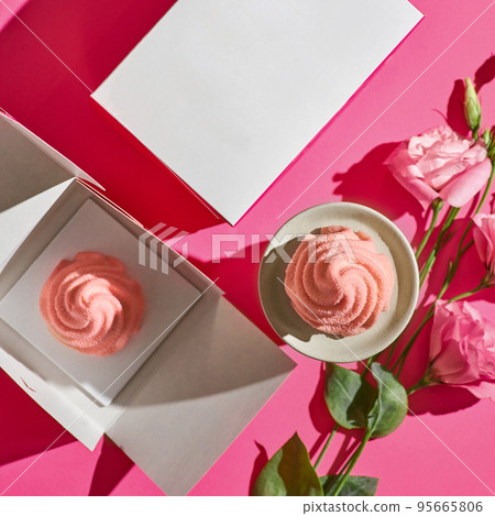 Mini mousse cake berry, pink velor on a pink background. Dessert from modern European pastries. 95665806