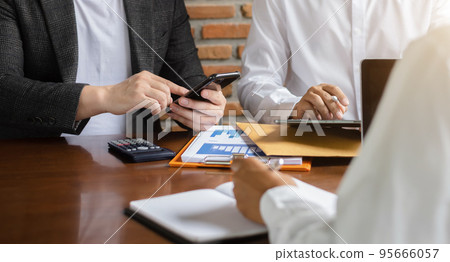 Project manager working and update tasks with milestones progress planning and photo professional investor working new start up project. 95666057