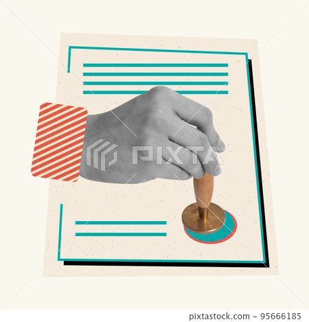 Contemporary art collage. Male hand making stamp symbolizing permission. Official document 95666185